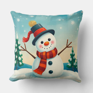 Fröhlicher Schneemann in winterlicher Landschaft Kissen