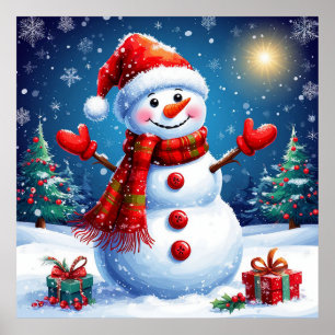 Fröhlicher Schneemann mit einem Weihnachtsmannhut Poster