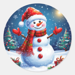 Fröhlicher Schneemann mit einem Weihnachtsmannhut Runder Aufkleber