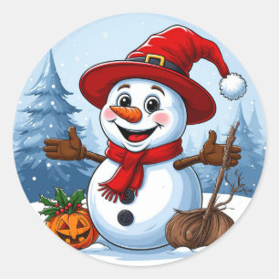 Fröhlicher Schneemann mit einem Weihnachtsmannhut Runder Aufkleber