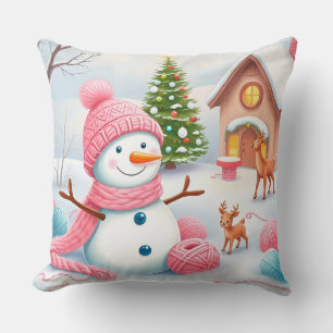 Fröhlicher Schneemann mit Hirschen in einem Winter Kissen