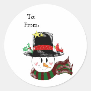 Fröhlicher Schneemann mit hohem schwarzen Hut Runder Aufkleber