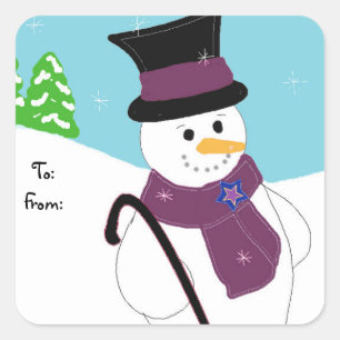 Fröhlicher Schneemann mit Hut und Spazierstock Quadratischer Aufkleber