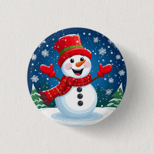 Fröhlicher Schneemann mit rotem Schal und Hut Button