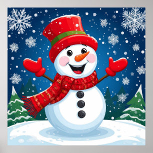 Fröhlicher Schneemann mit rotem Schal und Hut Poster