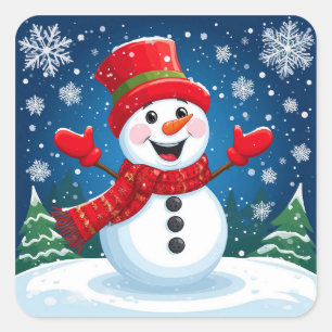 Fröhlicher Schneemann mit rotem Schal und Hut Quadratischer Aufkleber