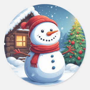 Fröhlicher Schneemann mit Weihnachtsbaum Runder Aufkleber
