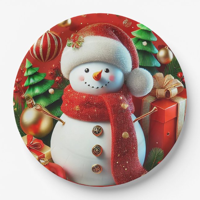 fröhlicher Schneemann Pappteller (Vorderseite)