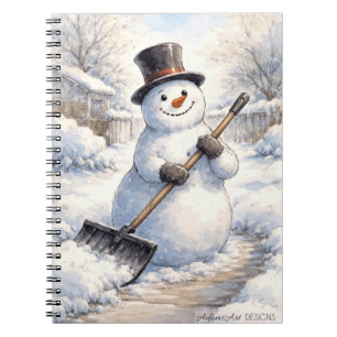 Fröhlicher Schneemann schaufelt Schnee Winter Aqua Notizblock