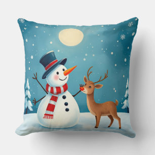 Fröhlicher Schneemann und Rentier Kissen