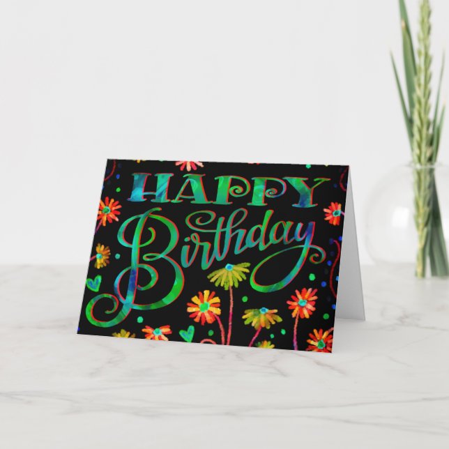 Fröhlicher Schwarzer Flora Happy Trendy Geburtstag Karte (Vorderseite)