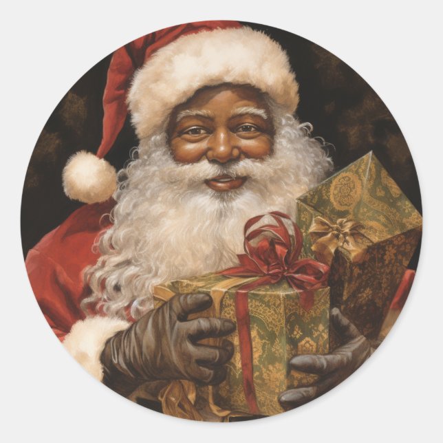 Fröhlicher schwarzer Weihnachtsmann, frohe Weihnac Runder Aufkleber (Vorderseite)