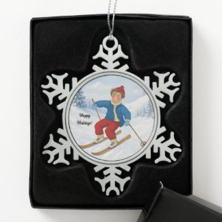Fröhlicher Skifahrer Schneeflocken Zinn-Ornament