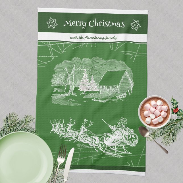 Fröhlicher Stil im Grünen Weihnachtsmann Geschirrtuch (Merry Christmas 🎅🏻 Santa Sleigh Reindeers Green Kitchen Towel ©Susanne Sachers - Sunny Mind Design)