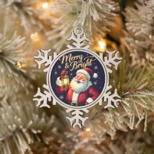 Fröhlicher strahlender Santa mit Laterne Illustrat Schneeflocken Zinn-Ornament
