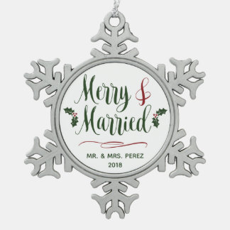 Fröhlicher u. verheirateter erster Weihnachtsherr Schneeflocken Zinn-Ornament