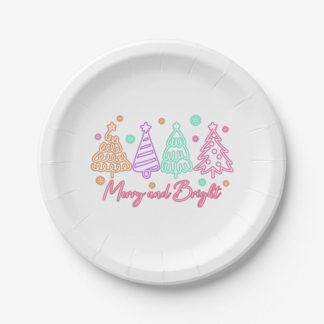 Fröhlicher und heller Baum Neon Weihnachten Pappteller (Vorderseite)
