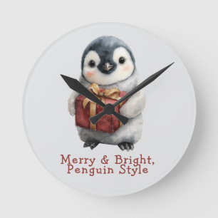 Fröhlicher und heller Pinguin-Weihnachten Runde Wanduhr