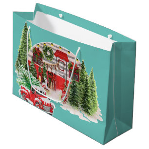 Fröhlicher und heller Retro-roter LKW Xmas blauer Große Geschenktüte