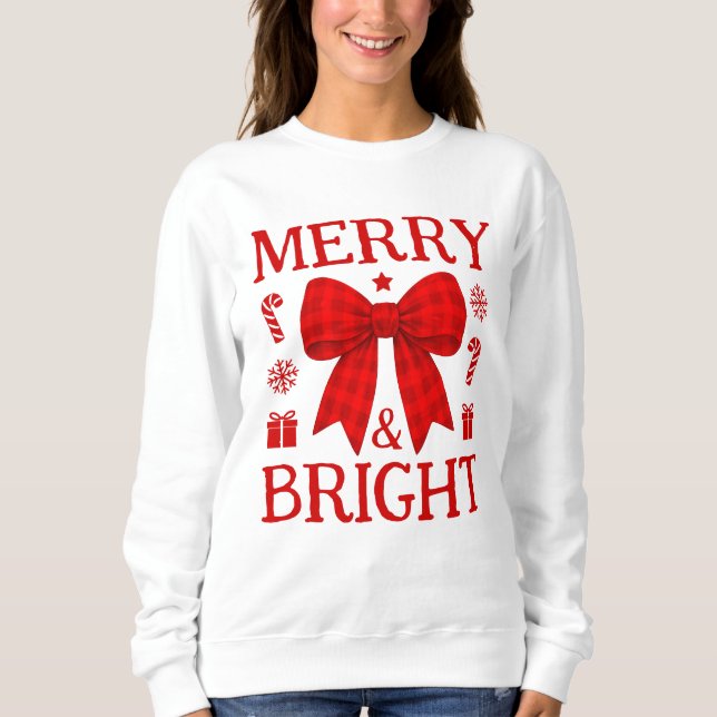 Fröhlicher und heller roter Gingham-Bogen-Weihnach Sweatshirt (Vorderseite)