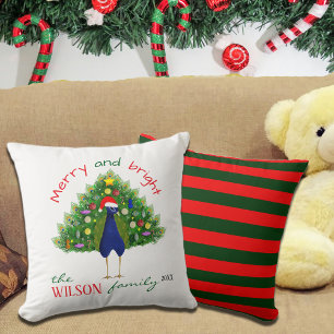Fröhlicher und heller Weihnachtsbaum Pfau Kissen
