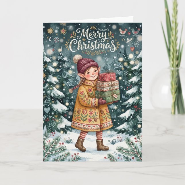 Fröhlicher Weihnachts-Elf Karte (Vorderseite)