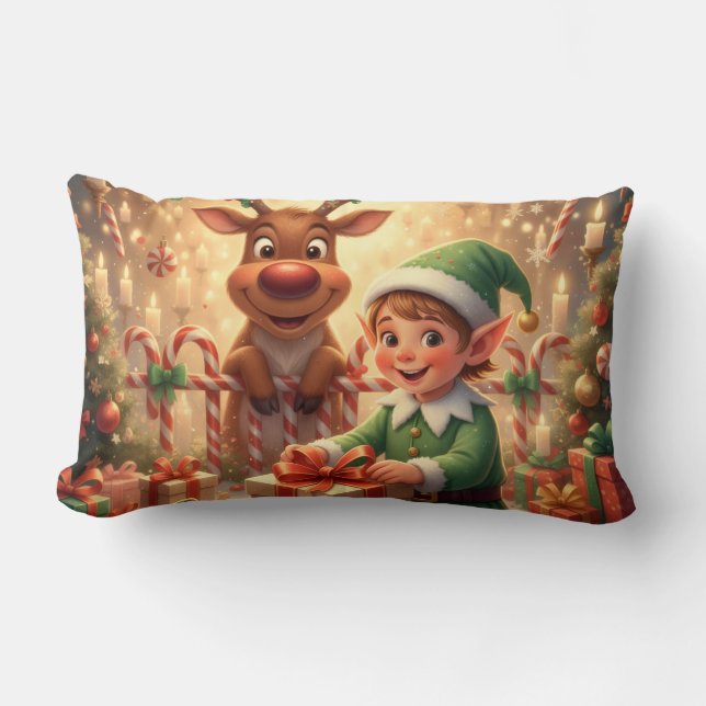 Fröhlicher Weihnachts-Elf & Rentier Lendenkissen (Vorderseite)