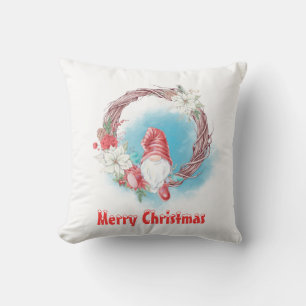 Fröhlicher Weihnachts-Gnom auf floralem Kranz Kissen