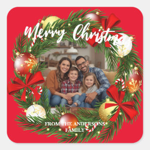 Fröhlicher Weihnachts-Kranz Foto Personalisiert Fa Quadratischer Aufkleber