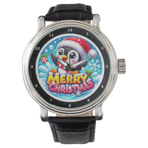 Fröhlicher Weihnachts-Pinguin Wasserspritzer Armbanduhr