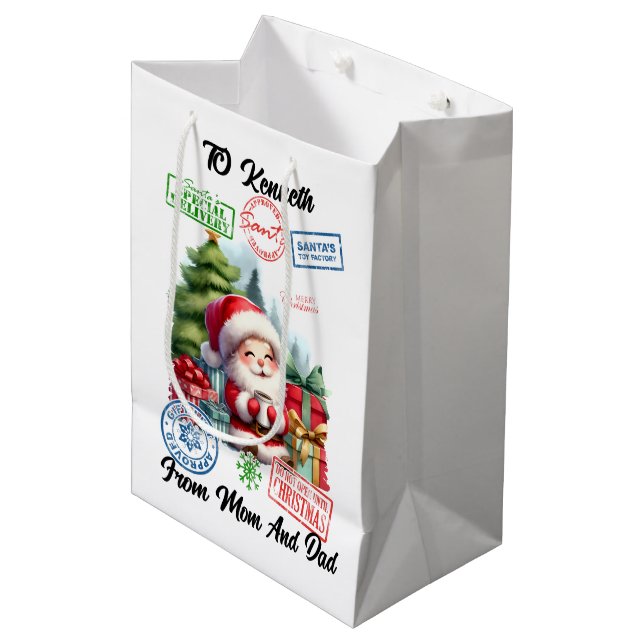 Fröhlicher Weihnachtsaufkleber Mittlere Geschenktüte (Vorderseite Schrägansicht)