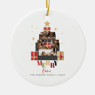 Fröhlicher Weihnachtsbaum Familienfoto-Collage Keramik Ornament