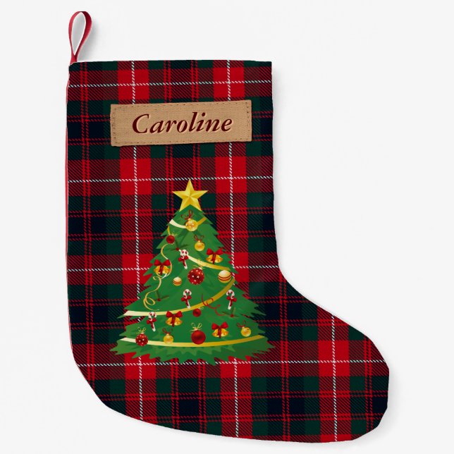 Fröhlicher Weihnachtsbaum-Gewebeschottischer Kleiner Weihnachtsstrumpf (Vorderseite)