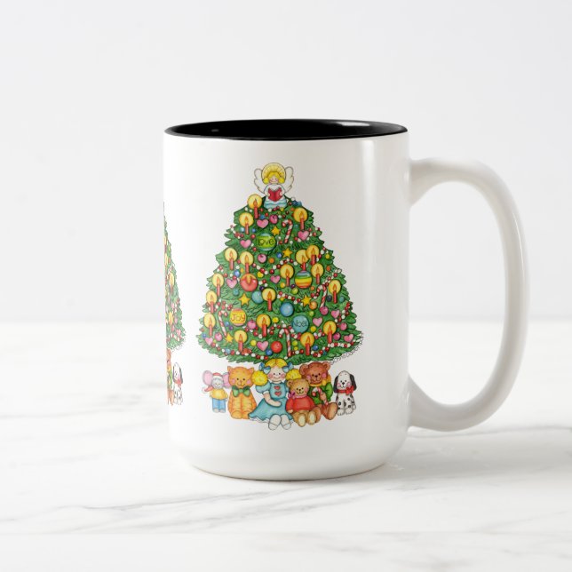 Fröhlicher Weihnachtsbaum mit Engel Zweifarbige Tasse (Rechts)