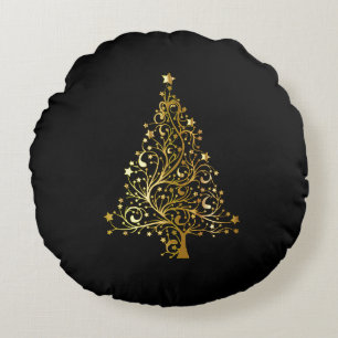 Fröhlicher Weihnachtsbaum spielt schwarzes Rundes Kissen