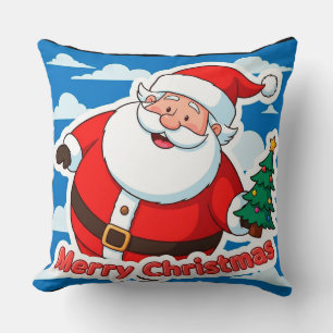 Fröhlicher Weihnachtsmann hält einen kleinen Weihn Kissen