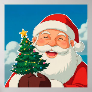 Fröhlicher Weihnachtsmann hält einen kleinen Weihn Poster