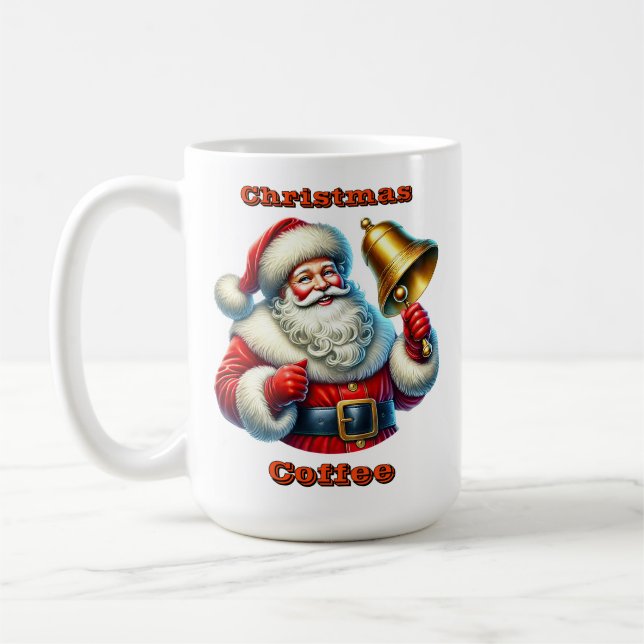 Fröhlicher Weihnachtsmann klingelt an einer Weihna Kaffeetasse (Links)