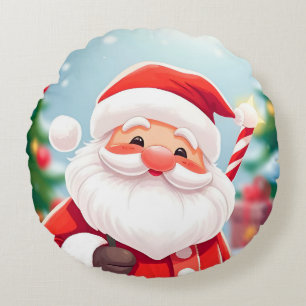 Fröhlicher Weihnachtsmann mit einem Zuckerstock Rundes Kissen