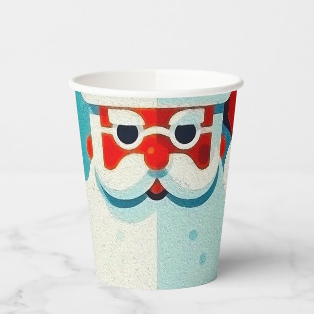 fröhlicher Weihnachtsmann mit Papiertasse Pappbecher (Links)