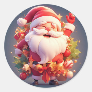 Fröhlicher Weihnachtsmann umgeben von festlichen W Runder Aufkleber