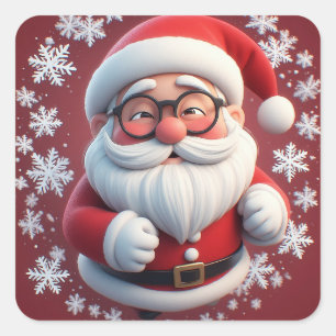 Fröhlicher Weihnachtsmann umgeben von Schneeflocke Quadratischer Aufkleber