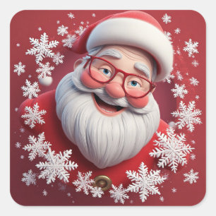 Fröhlicher Weihnachtsmann umgeben von Schneeflocke Quadratischer Aufkleber