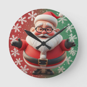 Fröhlicher Weihnachtsmann umgeben von Schneeflocke Runde Wanduhr