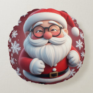 Fröhlicher Weihnachtsmann umgeben von Schneeflocke Rundes Kissen