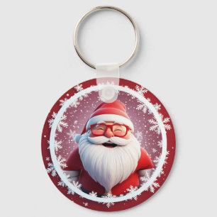 Fröhlicher Weihnachtsmann umgeben von Schneeflocke Schlüsselanhänger