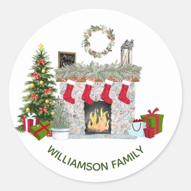 fröhlicher Weihnachtsmarkt Name der Familie Runder Aufkleber (Vorderseite)