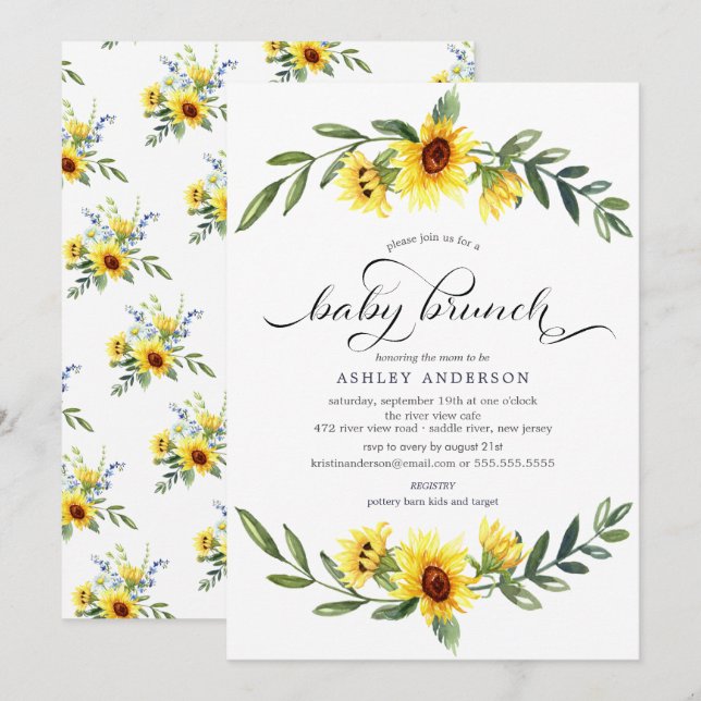 Fröhlicher Yellow Sunflower Baby Brunch Einladung (Vorne/Hinten)