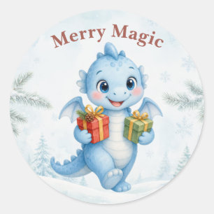 Fröhlicher Zauberblauer Baby-Drachen-Weihnachten Runder Aufkleber