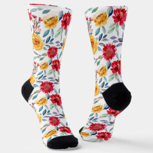 Fröhliches Aquarell-Blumenmuster in gelber Rose Socken